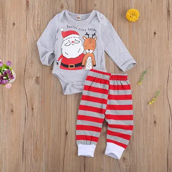 0-18M Kalėdų Kūdikių Mergaitės Berniukai Sleepwear Santa Print Long Sleeve Bodysuit Viršūnes+ Dryžuotas Kelnes Pajama Komplektai