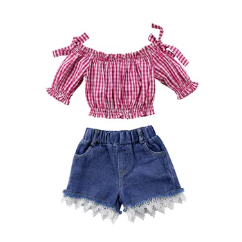 1-6Y Vaikams Baby Girl drabužių rinkiniai bebe merginos Off Peties raudona plaid marškinėliai Viršuje +Džinsinio audinio nėrinių Trumpas Džinsai, Apranga, Drabužiai Rinkinys