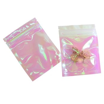 100vnt Rožinės spalvos Užtrauktukas Pakuotės Maišelis Storio Reclosable Holografinis Kosmetikos Papuošalai Butas Maišeliai Lazerio Mažosios plastikos Zip Lock Bags