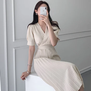 #1039 Korėjos Prašmatnus, Elegantiškas Plisuotos Suknelė Moterims Sexy V Kaklo Tvarstis Aukšto Juosmens 