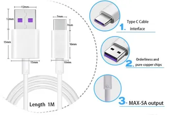 10vnt/daug 5A USB c tipo kabelis 1m 3ft Greito Įkrovimo kabelis Huawei 30 P20 Mate 20 Pro Telefonas Super charge Paramos duomenų sinchronizacija