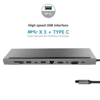 11 1 USB C HUB C Tipo su 4K HDMI VGA 3.5 mm Audio USB-C USB3.0 RJ45 TF/SD Kortelių Skaitytuvas PD Charing Adapteris, skirtas 