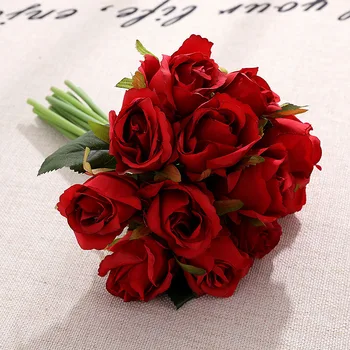 12 Vnt. / Puokštė Rožių Dirbtinės Gėlės Šilko Netikras Gėles su žaliais Lapais HomeWedding Šalies Sienos Džiovintų Gėlių Dekoracija