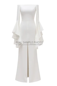 1332#Minkšto Satino Off-Pečių Ilgomis Rankovėmis Nuotakos Suknelė, Nuotaka, Vestuvinė Suknelė Korėjos Arbata-Ilgis Vestuvės Dress Realios Foto