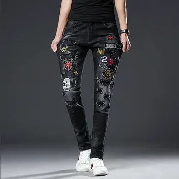 #1449 Ruožas Džinsinio Džinsus Vyrams Kratinys Siuvinėjimo Dviratininkas Jeans Black Reguliariai Fit Streetwear Vyras Džinsų Visas Ilgis Džinsinio Poilsiu