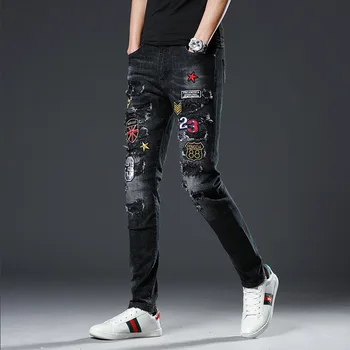 #1449 Ruožas Džinsinio Džinsus Vyrams Kratinys Siuvinėjimo Dviratininkas Jeans Black Reguliariai Fit Streetwear Vyras Džinsų Visas Ilgis Džinsinio Poilsiu