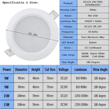 1pc 9W 15W IP65 Vandeniui LED Downlight DC12V DC24V Įleidžiamas LED Downlight Vietoje Vonios, baseinas,