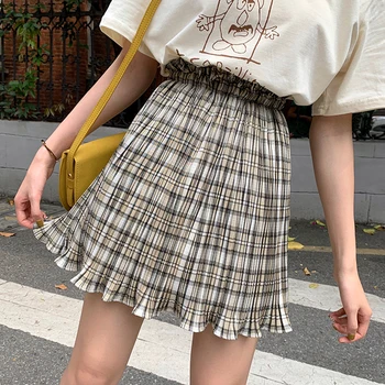 2019 m. vasarą ins Moterų sijonas pledas medienos ausies elastinga juosmens klostes plonas žodį klostuotas sijonas