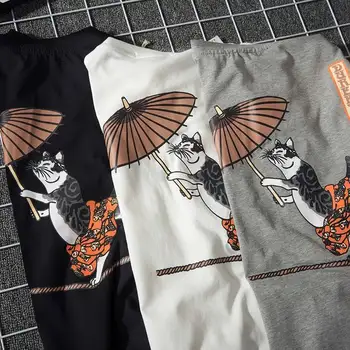 2019 Streetwear Japonija Stiliaus Ukiyo-E Juokinga Samurajus Katė Marškinėlius Streetwear Mens Trumpas Rankovės marškinėliai Atsitiktinis Hip-Hop Spausdinti Tees