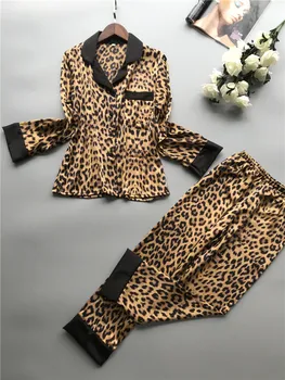2019 Vasaros Moterų Pižama Rinkiniai Su Šilko Kelnės Homewear Satino Leopardas Spausdinti Seksualus Pijama Ilgomis Rankovėmis Pižamos Plonas Sleepwear