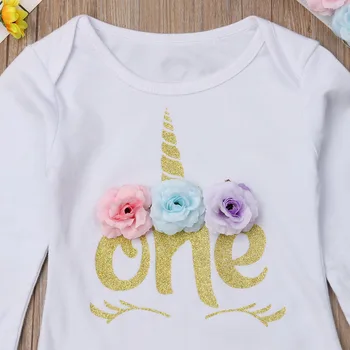 2019 visiškai Naujas Princess Baby Girl Gimtadienio Drabužių Vienas Spausdinti 3D Gėlių Vienaragis Romper Tutu Spalvinga Sijonas Tortas Lankelis 3Pcs Rinkinys