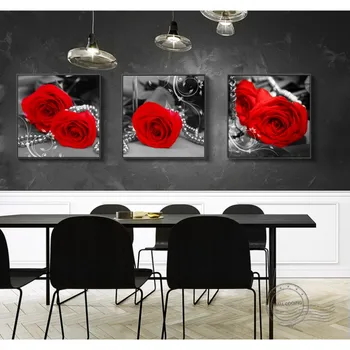 2020 m. Namų Dekoracijos 3 vnt / Rinkiniai Drobės tapytas Raudona Gėlė, Modelį, Gvazdikų, Rožių Meno Juoda Backg