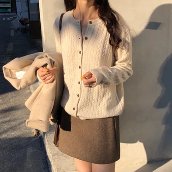 2020 m. Rudenį korėjos Vintage Mados 2 Gabalas Sijonas Rinkiniai Moterims Susukti Megzti Megztinis + Aukšto Juosmens Vilnoniai-line Mini Sijonas Tinka