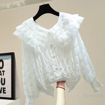 2020 m. Rudenį Susiėmę Plisuotos Marškinėliai Moteris korėjos Stilius Laisvas Elegantiškas Nėrinių Susiuvimo Lėlės Apykakle ilgomis Rankovėmis Balta Palaidinė Blusa
