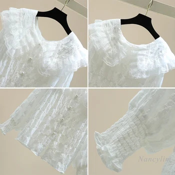2020 m. Rudenį Susiėmę Plisuotos Marškinėliai Moteris korėjos Stilius Laisvas Elegantiškas Nėrinių Susiuvimo Lėlės Apykakle ilgomis Rankovėmis Balta Palaidinė Blusa