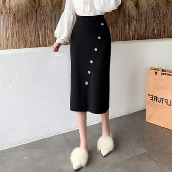 2020 M. Žiemos Megzti Sijonai Moterų Aukšto Juosmens Kelių Spalvų Buttton Apdailos Elegantiškas, Seksualus Pieštuku Midi Sijonai Moteris