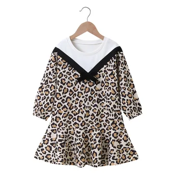 2020 m. Žiemos Nauja siunta Mergina Suknelė Atsitiktinis ilgomis Rankovėmis, O ant Kaklo Kratinys Leopard Lankas Mielas Mergaičių Suknelės 2-6T