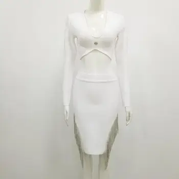 2020 m. Žiemos Naujas Moterų Balta Bodycon Tvarstis 2 Dviejų dalių Rinkinys Sexy ilgomis Rankovėmis V-kaklo, Kutas + Mini Sijonas Klubas Šalies Kostiumas
