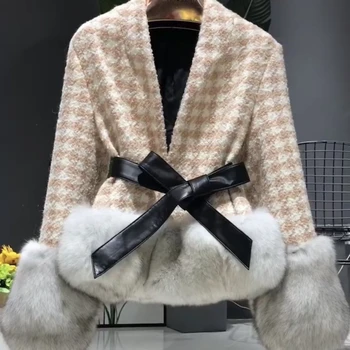 2020 m. Žiemos Ponios Houndstooth Vilnos Paltukai Su Natūralaus Lapės Kailio rankovėmis ir hem Juostelę, Diržą Viršutiniai Moteriški Streetwear