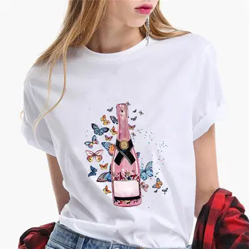 2020 Mados seksualus aukštakulnius moterys atspausdintas T-shirt vynas, Šampanas Harajuku grafinis Estetinės Marškinėlius atsitiktinis, O apykaklė vasarą moterys