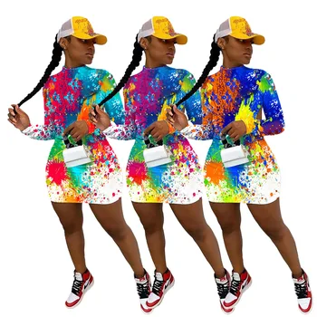 2020 metų Vasaros Moterų Suknelė Karšto Stiliaus Modelis, Kietas spalvų Grafiti Spausdinti ilgomis Rankovėmis Europos ir Amerikos Bodycon Suknelė