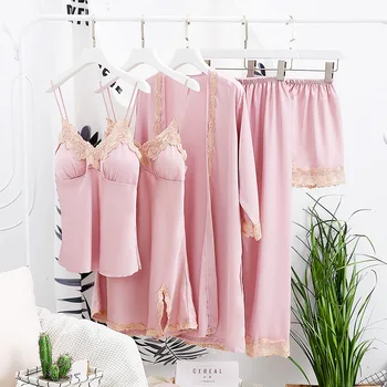 2020 Moterų Atlasas Sleepwear 5 Vnt Pižamos Sexy Nėrinių Pižama Miego Lounge 
