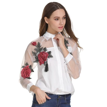 2020 Moterų Pavasario Vasaros Atsitiktinis ilgomis rankovėmis Palaidinė Siuvinėta gėlių Kutas Išsamiai Marškinėliai Su Vien Akies Skydelis blusa feminina