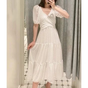 2020 naujas mados mergina aukšto juosmens balta Elastiniai slim ilgos suknelės moterų derliaus kryžiaus lankas krūtinė trumpas sluoksniuotos rankovėmis plona suknelė