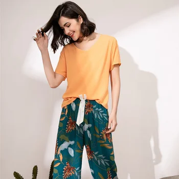 2020 Naujas Vasaros Moterų Medvilnės Pižamos Spausdinimo Pijamas trumparankoviai Ilgas Kelnes Sleepwear Namų Kostiumas Moterims naktiniai marškiniai, pižamos 2 dalių Komplektas