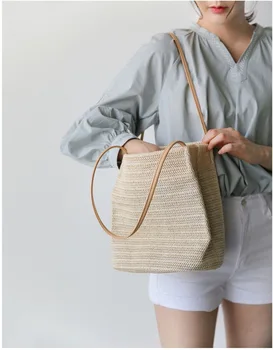 2020 Naujas Vasaros Šiaudų krepšys moterims Atostogų Laisvalaikio Rankinės Audimo Paplūdimio Kibirą Pečių Krepšiai, Pietų Korėjos maišelį MPB02