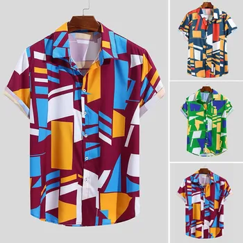 2020 Nauji marškinėliai vyrams Kontrasto Spalvų Geometrinių Colorblock Spausdinti Pasukite Žemyn Apykaklės Trumpas Rankovės Laisvi Marškinėliai chemise homme#45
