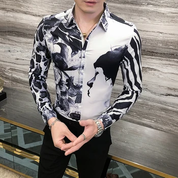2020 Nauji Marškinėliai Vyrams Leopard Susiuvimo ilgomis Rankovėmis Atsitiktinis Marškinėliai Vyrų Socialinio Verslo Suknelė Marškiniai Streetwear Camisa Masculina