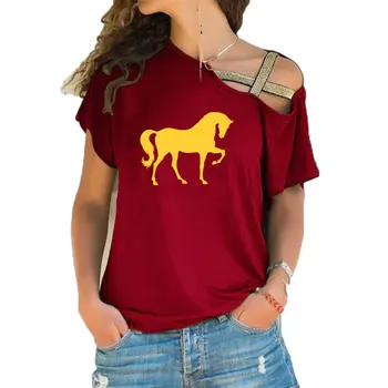 2020 Naujų Kūrybinių Gyvūnų Arklių Spausdinti Teeshirt Moterų trumpomis rankovėmis Vasarą Kietas Drabužius Prarasti Nereguliarus Nerijos Kryžiaus Tvarstis Viršūnes Tee