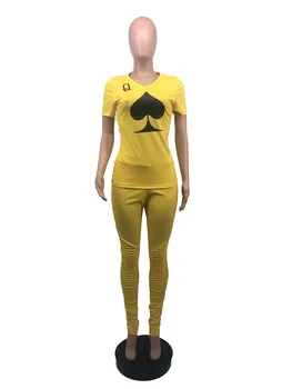 2020 Naujų Rudens Moterų Kostiumas Karšto Stiliaus Modelis, Kietas spalvų Pokerio Kastuvai Q Print T-shirt & Kelnės Europos ir Amerikos 2 dalių Komplektas