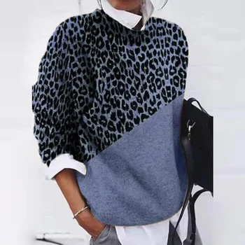 2021 Derliaus Leopard Kratinys Džemperis Moterims, Elegantiškas Atsitiktinis O-Kaklo Megztinis Viršuje Ponios Mados Ilgomis Rankovėmis Megztiniai Streetwear