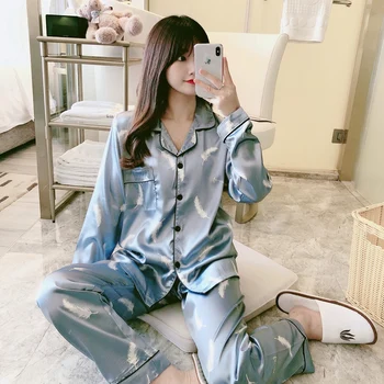 2021 m. Pavasarį, Rudenį ilgomis Rankovėmis Šilko Satino Spausdinti Pajama Komplektai Moterų Sleepwear Kostiumas Pižamos Homewear Pijama Mujer Namų Drabužiai