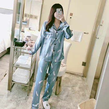 2021 m. Pavasarį, Rudenį ilgomis Rankovėmis Šilko Satino Spausdinti Pajama Komplektai Moterų Sleepwear Kostiumas Pižamos Homewear Pijama Mujer Namų Drabužiai