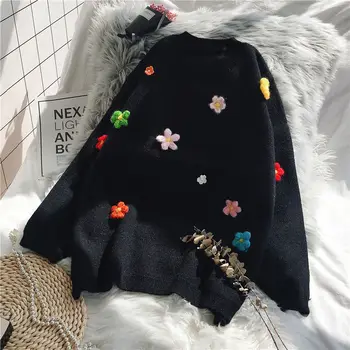 2021 m. Rudenį, Žiemą Storas Šiltas Trijų dimensijų Gėlių Megztinis O Kaklo Laisvas Megztinis Mezgimo Megztinis Traukti Femme Y309