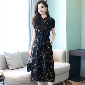 2021 M. Vasarą Naujas Juodos Spalvos Gėlių Spausdinti Vintage Suknelė Plus Size 