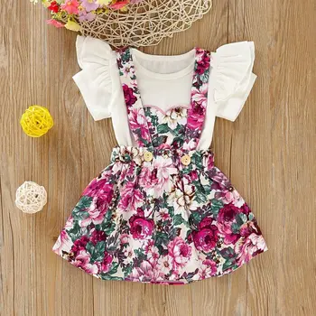 2vnt Kūdikiams, Vaikiška baby girl drabužius trumpomis Rankovėmis T-shirt Gėlių Viršūnes + Mini Sijonas vaikai mergina Vasaros laisvalaikio apranga, nustatyti 1--4T