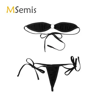 2vnt Moterų Mini Micro Bikini Nustatyti Minimalų Dangtelis apatinis Trikotažas Kostiumas Savarankiškai kaklaraištis nuo Peties Bra Top su G-String Kelnaičių Apatiniai