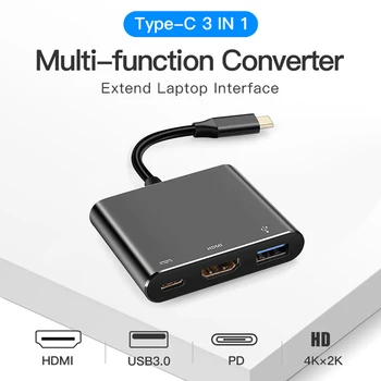 3 in 1 Multi-funkcija adapteris USB Tipo C iki 4K HDMI, USB 3.0 USB C Adapteris, Garso ir Vaizdo Konverteris, skirtas 