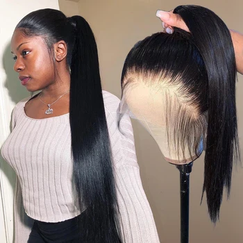 360 nėrinių priekinės žmogaus plaukų perukai Prieš Nupeštos už juodaodžių moterų tiesiai trumpas brazilijos priekiniai hd ilgai remy perukas visiškai nėrinių plaukai surišti į uodegą