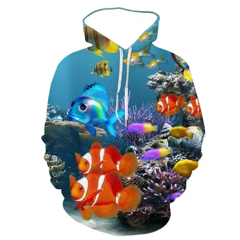 3D Pavasarį Ir Rudenį Naujas Vyrų Jūrų Gyvybės Spausdinti Hoodie Mėlynas Vandenynas, Žuvys, Mažų Šviežių Mados Pritaikoma Tėvų-vaikų Palaidinukė