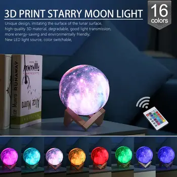 3D Spausdinimo Žvaigždėtas Dangus, Žvaigždės, Mėnulis Lempos Spalvinga 16 Spalvų Kaita Touch Pereiti į Nakties Šviesos Namų Dekoro su Mediniais Turėtojas