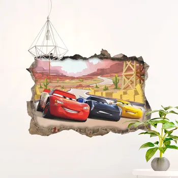3D Windows Cartoom Automobilių Sienų Dekoro Lipdukai Berniukas Miegamasis Lipni Vaikas Kambario Tapetai Plakatas Freskos Žaibo Siena Lipdukas