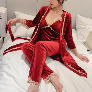 3PCS Pižama Kostiumas Veliūras Namų Drabužių Intymus apatinis Trikotažas Moterų Miego Nustatyti Aksomo Homewear Bordo Minkštas naktiniai drabužiai Sleepwear
