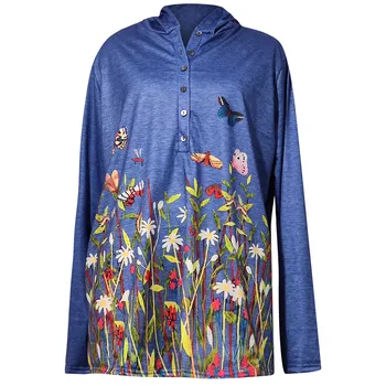 40# Moterų Plius Dydis Gotikos marškinėliai ilgomis Rankovėmis Gėlių Spausdinti Laisvalaikį V-kaklo Viršūnes Elegantiškas marškinėliai Harajuku T-shirt Топ