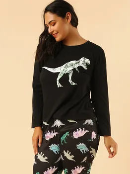 4XL Plius Dydis Moterų Rudenį Dinozaurų Gražus Spausdinimo Pajama Komplektai Pižama ilgomis Rankovėmis, Minkšta Pižamos Sleepwear Rudenį Homewear 2020 m.