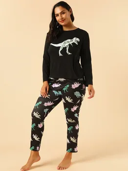 4XL Plius Dydis Moterų Rudenį Dinozaurų Gražus Spausdinimo Pajama Komplektai Pižama ilgomis Rankovėmis, Minkšta Pižamos Sleepwear Rudenį Homewear 2020 m.